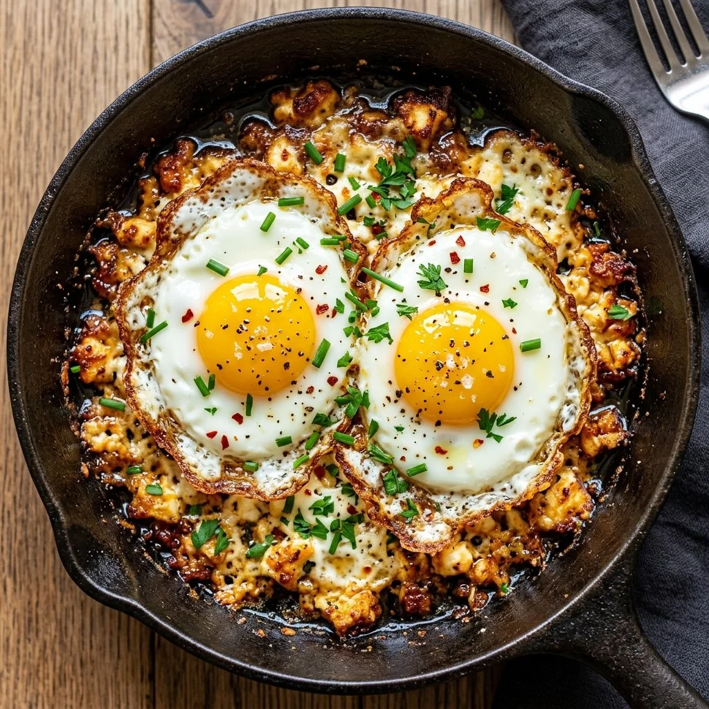 Crispy Feta Eggs served on a plate with herbs and spices