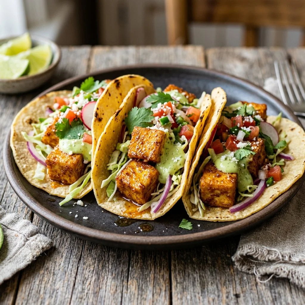 Crispy tofu tacos topped with fresh vegetables and zesty sauce.