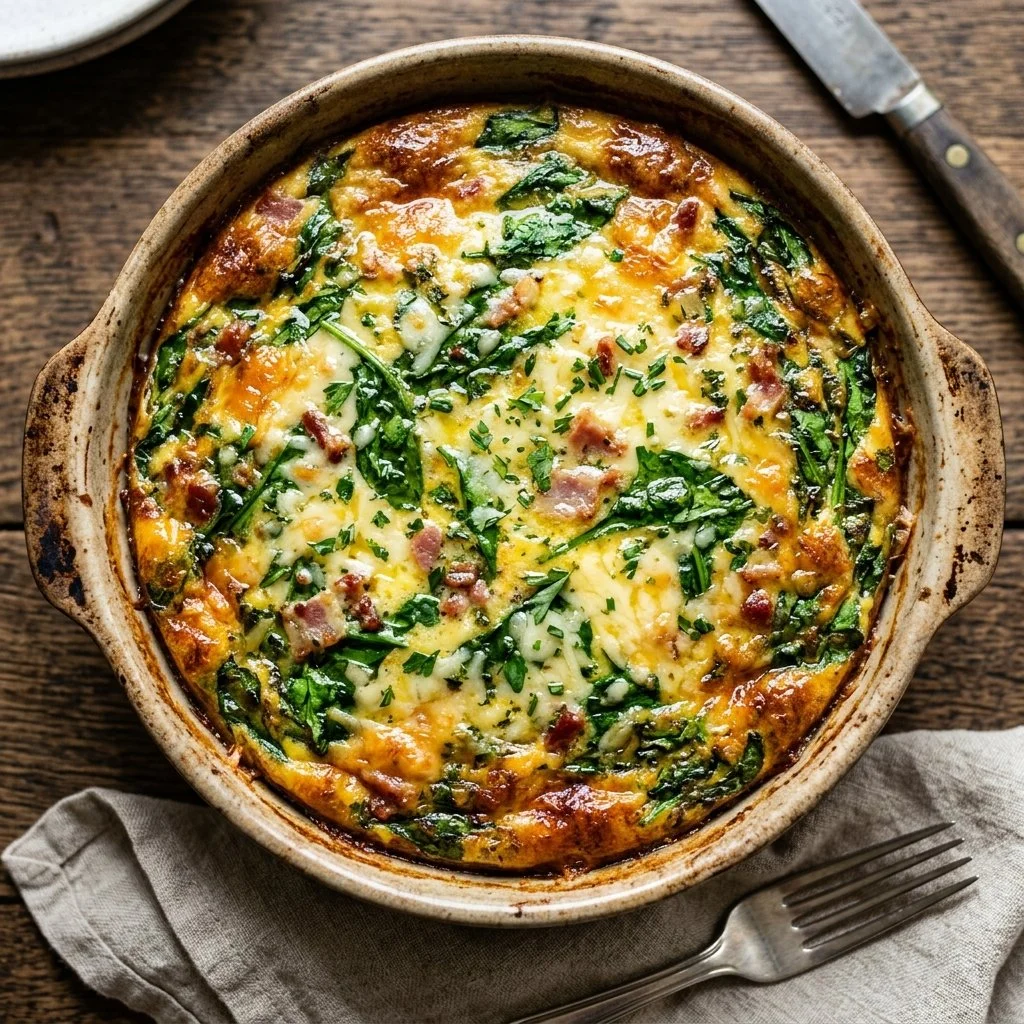 Delicious crustless spinach quiche served on a plate with fresh herbs