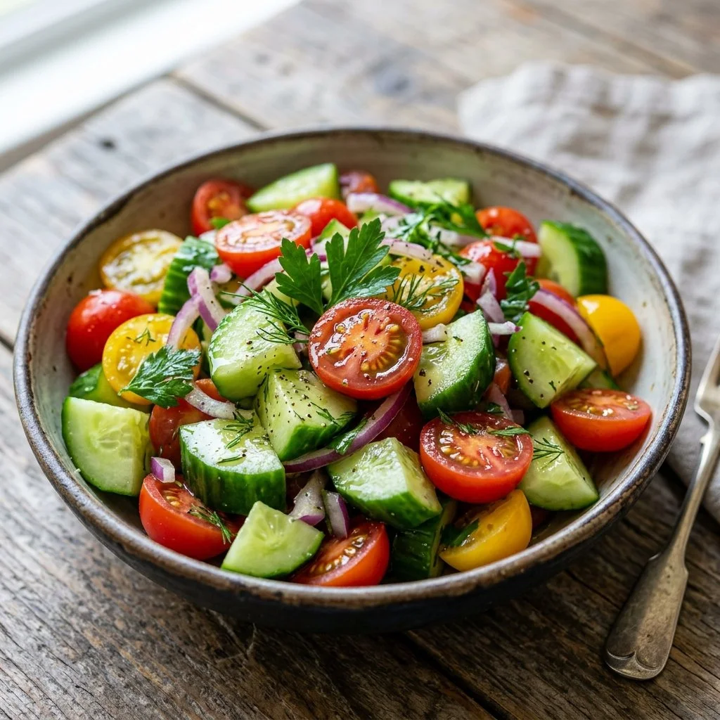 Fresh Cucumber Tomato Salad with vibrant vegetables in a bowl