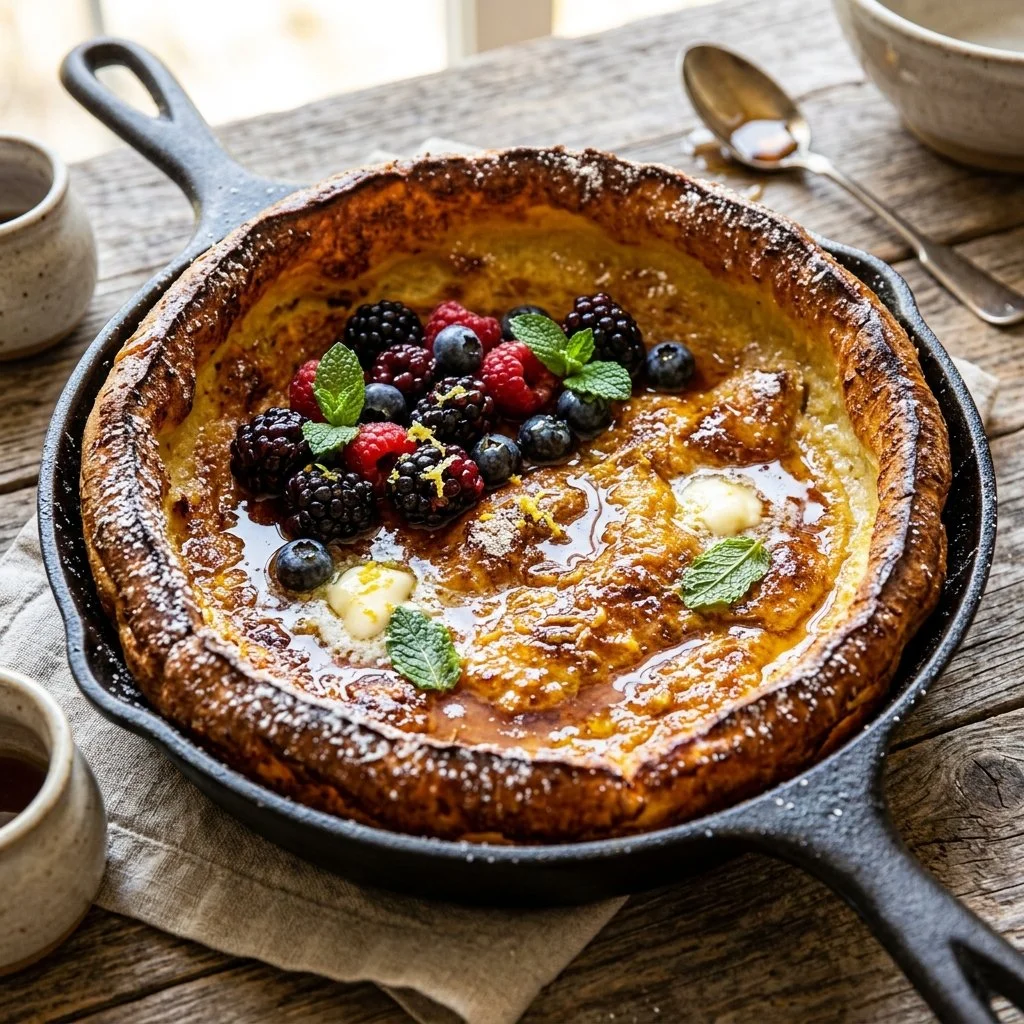Fluffy Dutch Baby pancake topped with fresh fruit and powdered sugar