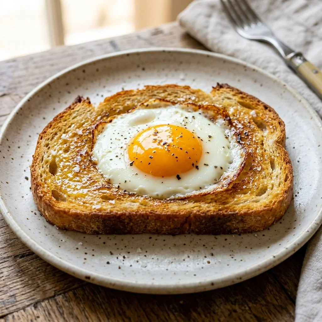 Delicious Egg in a Hole served on a plate with a golden crust and perfectly cooked egg