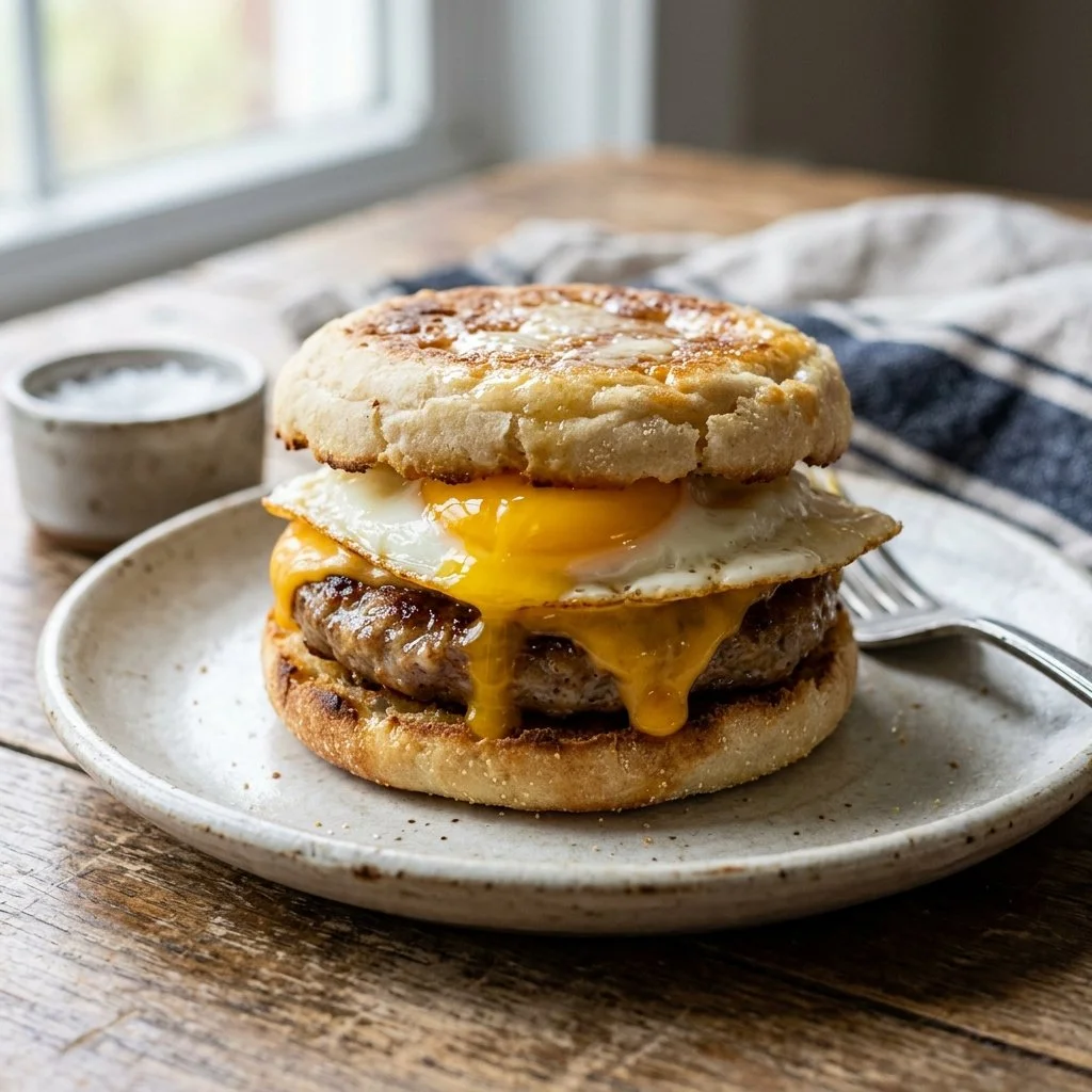 Delicious English muffin breakfast sandwiches with eggs, cheese, and bacon