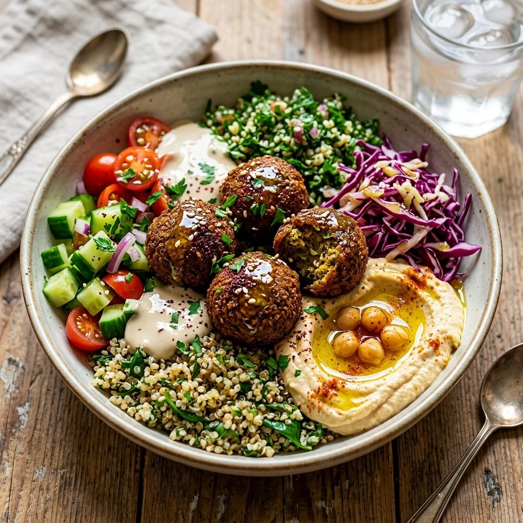 Delicious falafel bowl with fresh vegetables, tahini sauce, and pita bread.