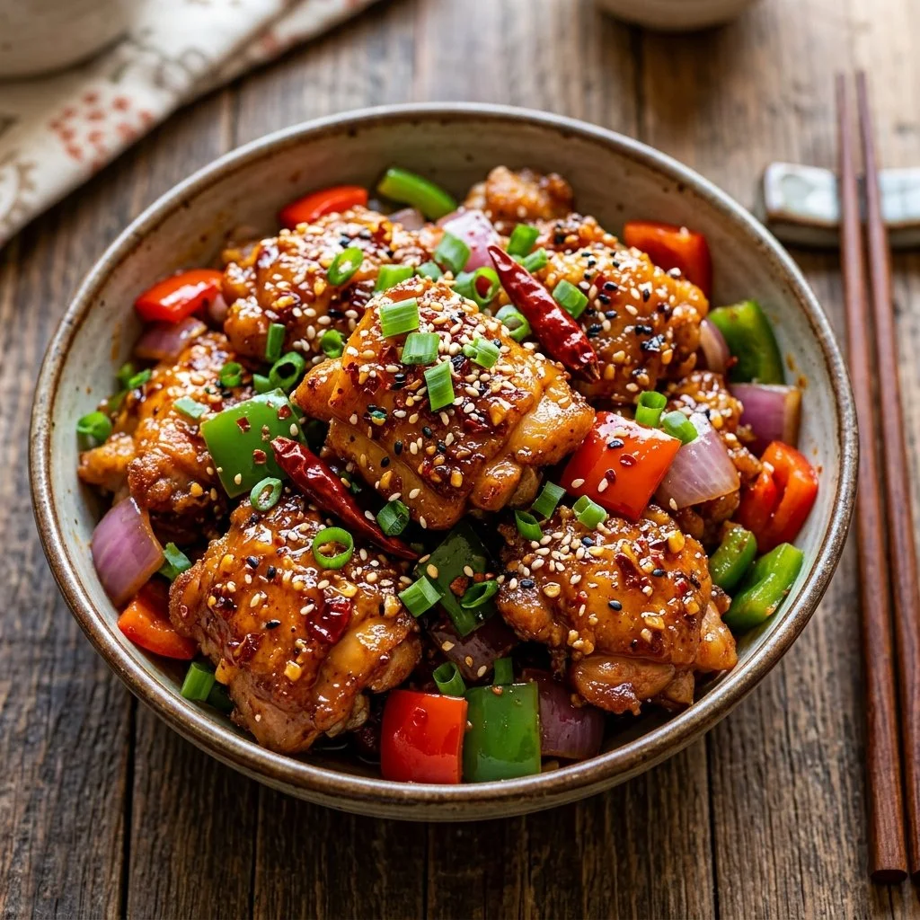 Delicious plate of Firecracker Chicken with spicy sauce and colorful vegetables.