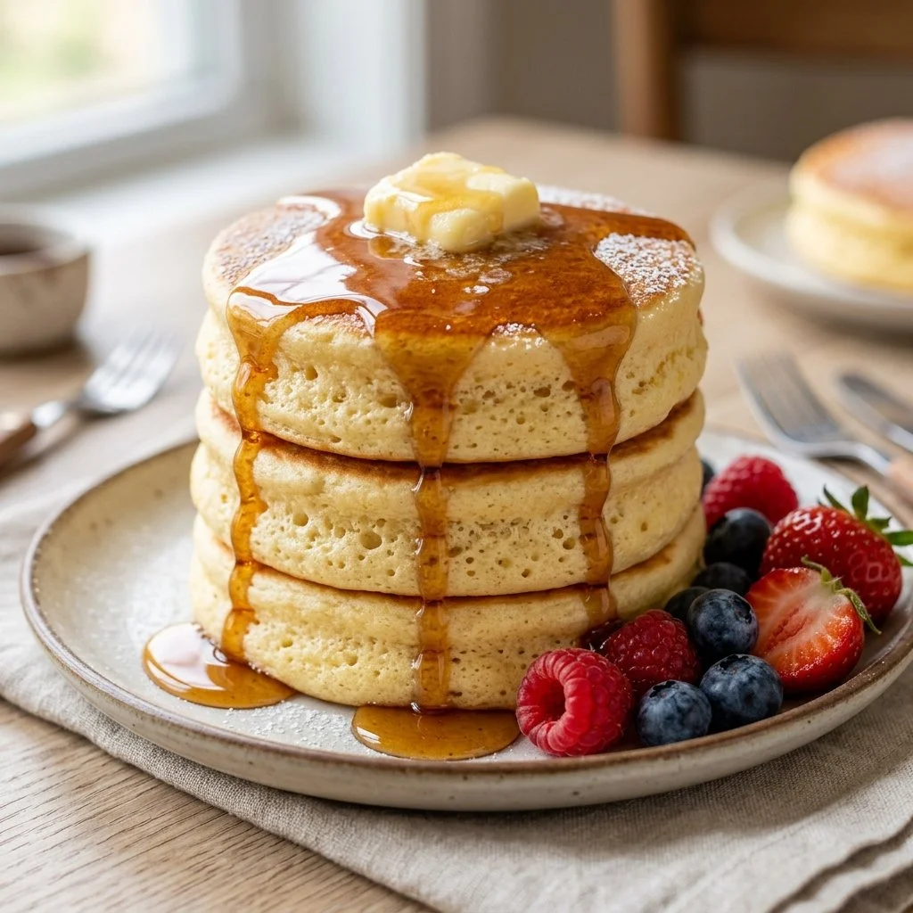 Fluffy Japanese pancakes stacked on a plate with syrup and fruit