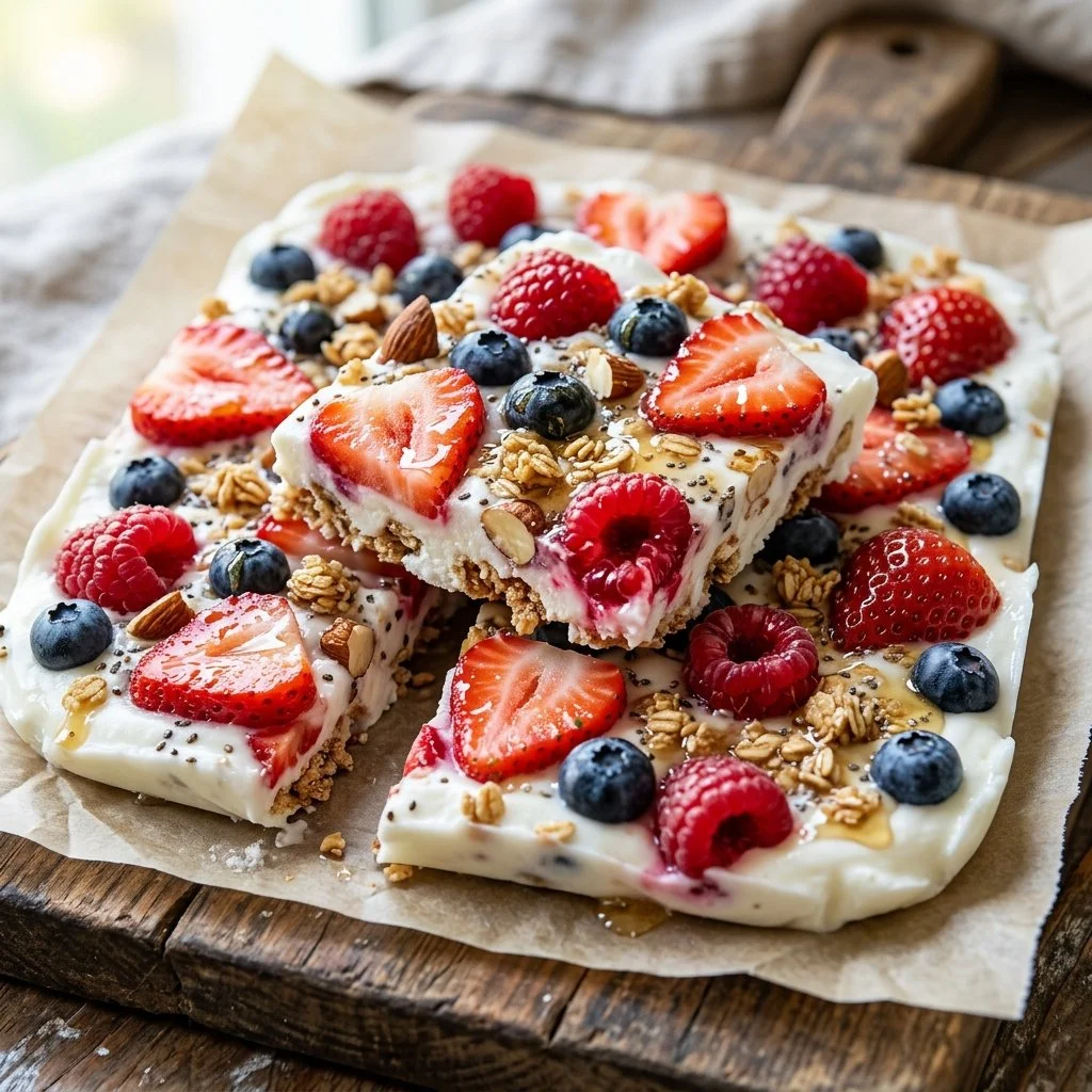 Healthy frozen yogurt bark topped with fruits and nuts