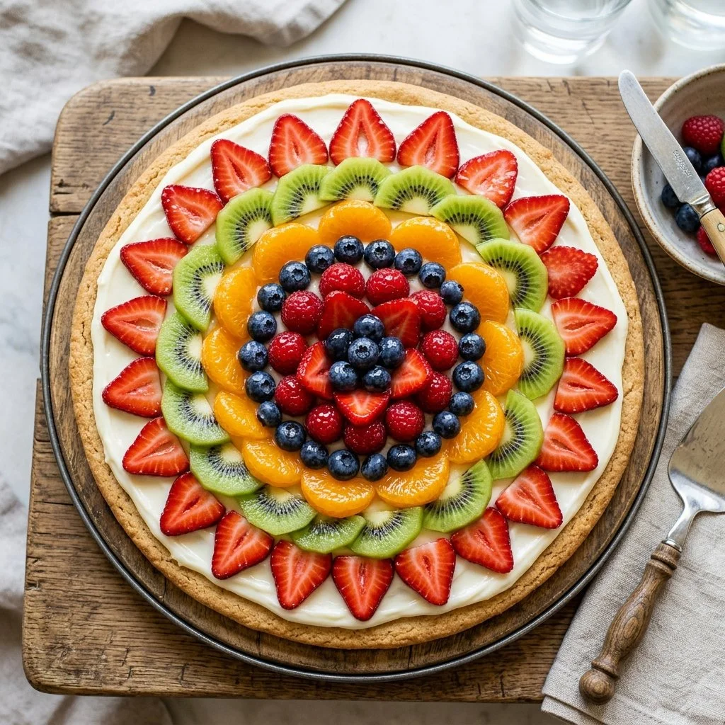 Colorful and delicious fruit pizza topped with fresh fruits and cream cheese frosting.