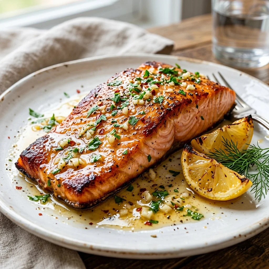 Garlic Butter Salmon served with fresh herbs and lemon slices