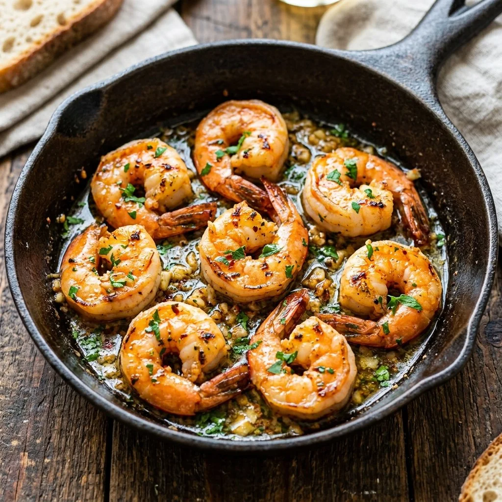 Delicious Garlic Butter Shrimp served on a plate, garnished with herbs.