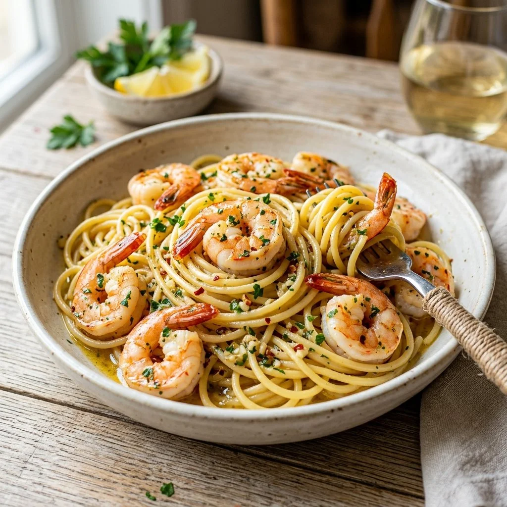 Delicious Garlic Butter Shrimp Pasta with fresh herbs and a creamy sauce