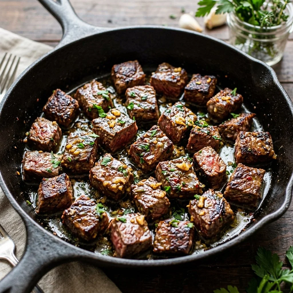 Garlic butter steak bites served on a wooden board with fresh herbs.