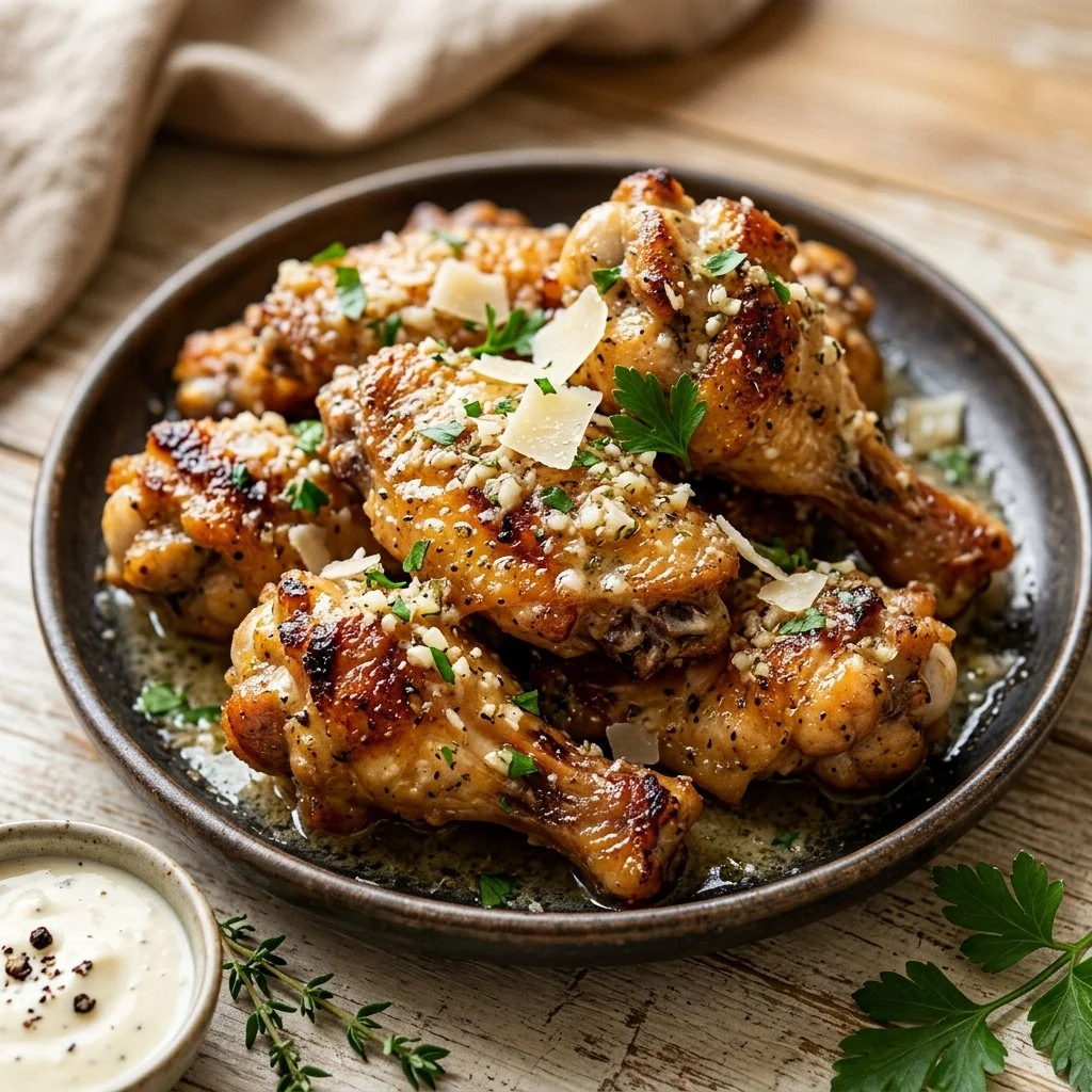 Juicy garlic parmesan chicken garnished with herbs and served on a plate.