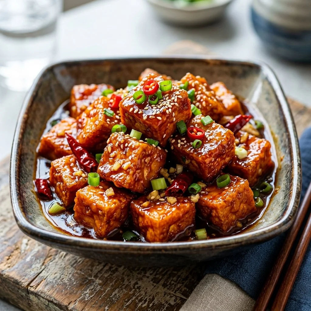 Delicious General Tso Tofu dish served with vegetables and sauce
