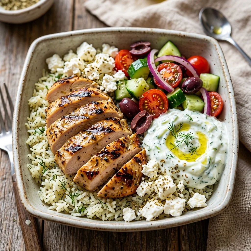 Greek Chicken Bowl with fresh vegetables and flavorful herbs