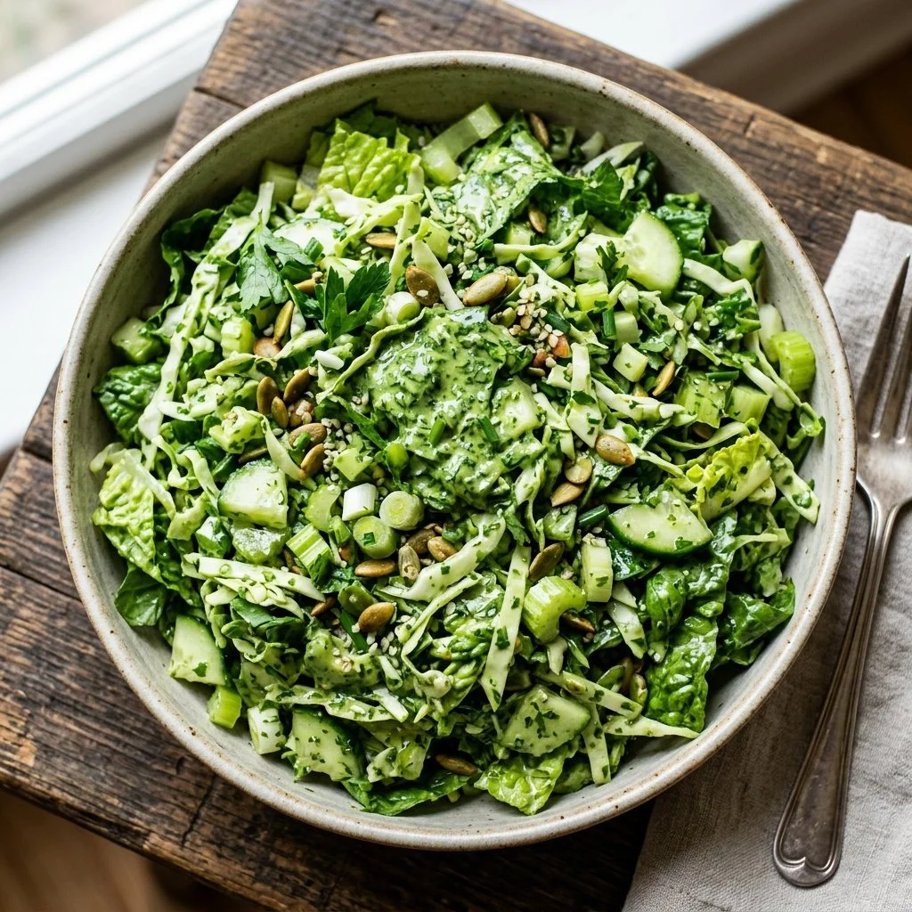 A colorful Green Goddess Salad with fresh greens and creamy dressing served in a bowl.
