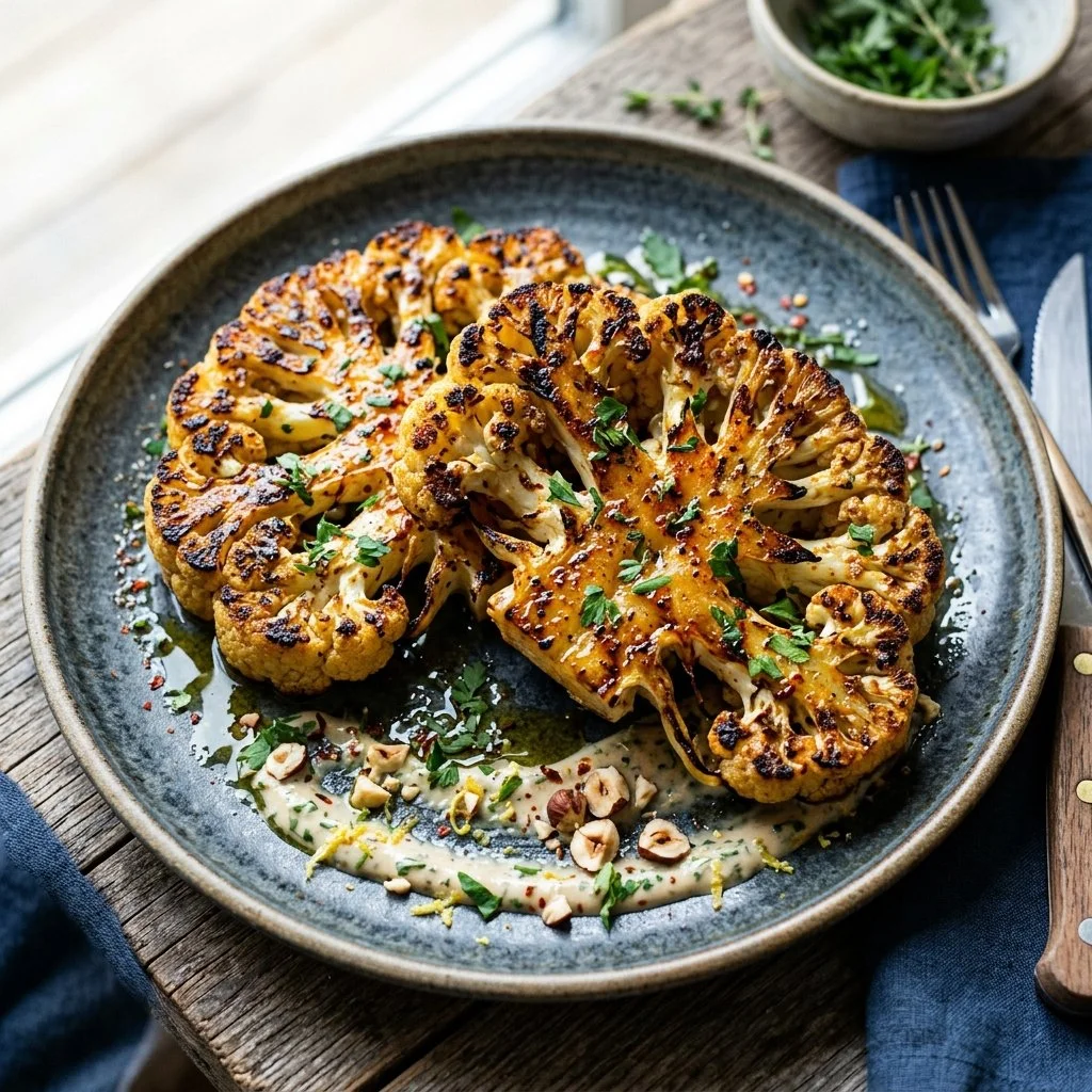 Delicious grilled cauliflower steaks with seasoning on a plate