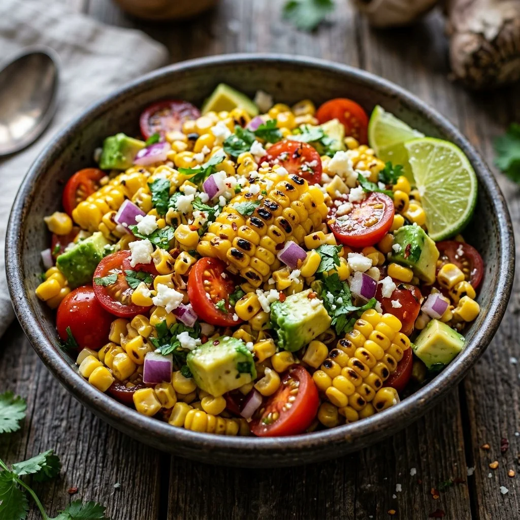 Delicious grilled corn salad with fresh vegetables and herbs