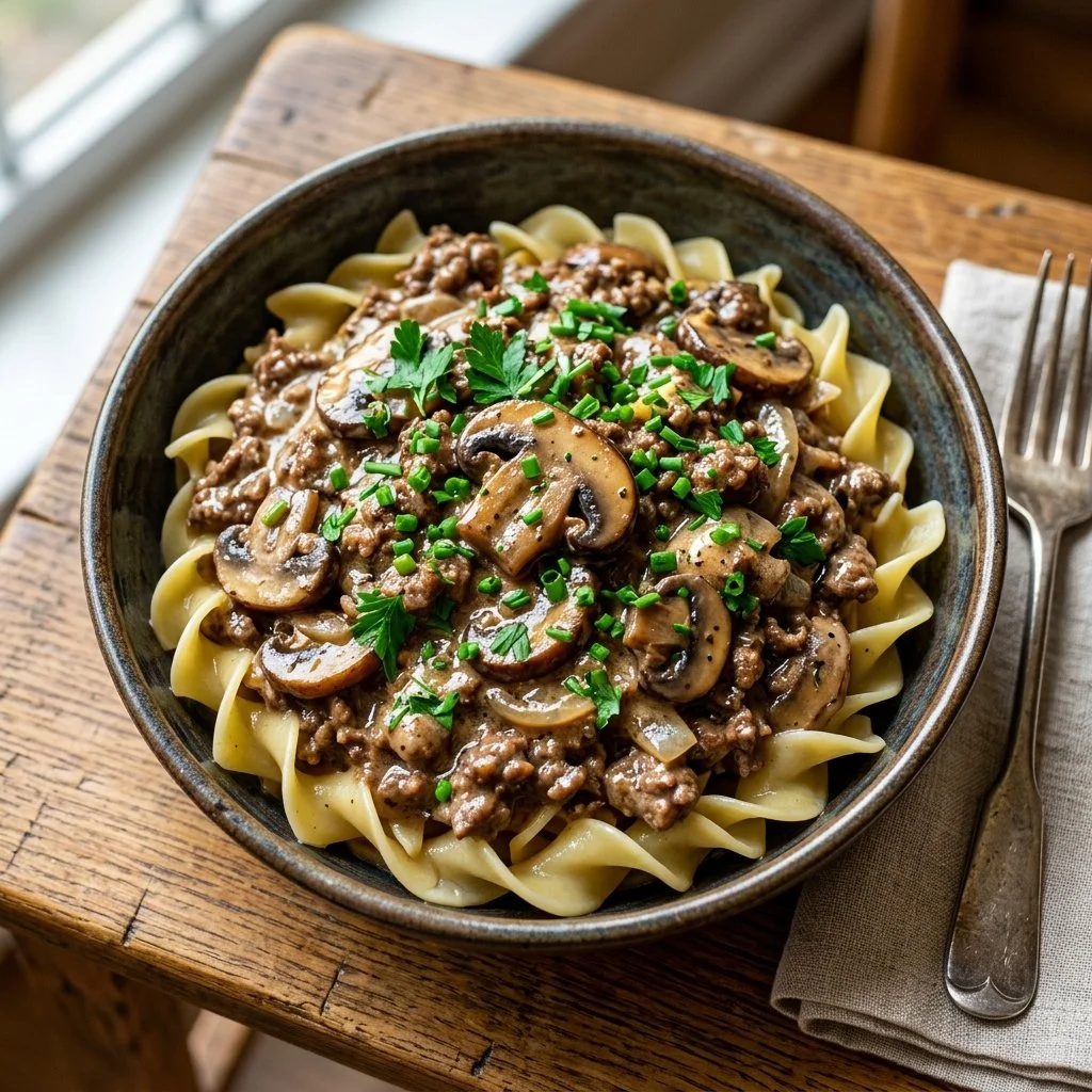 Plate of ground beef stroganoff served with egg noodles