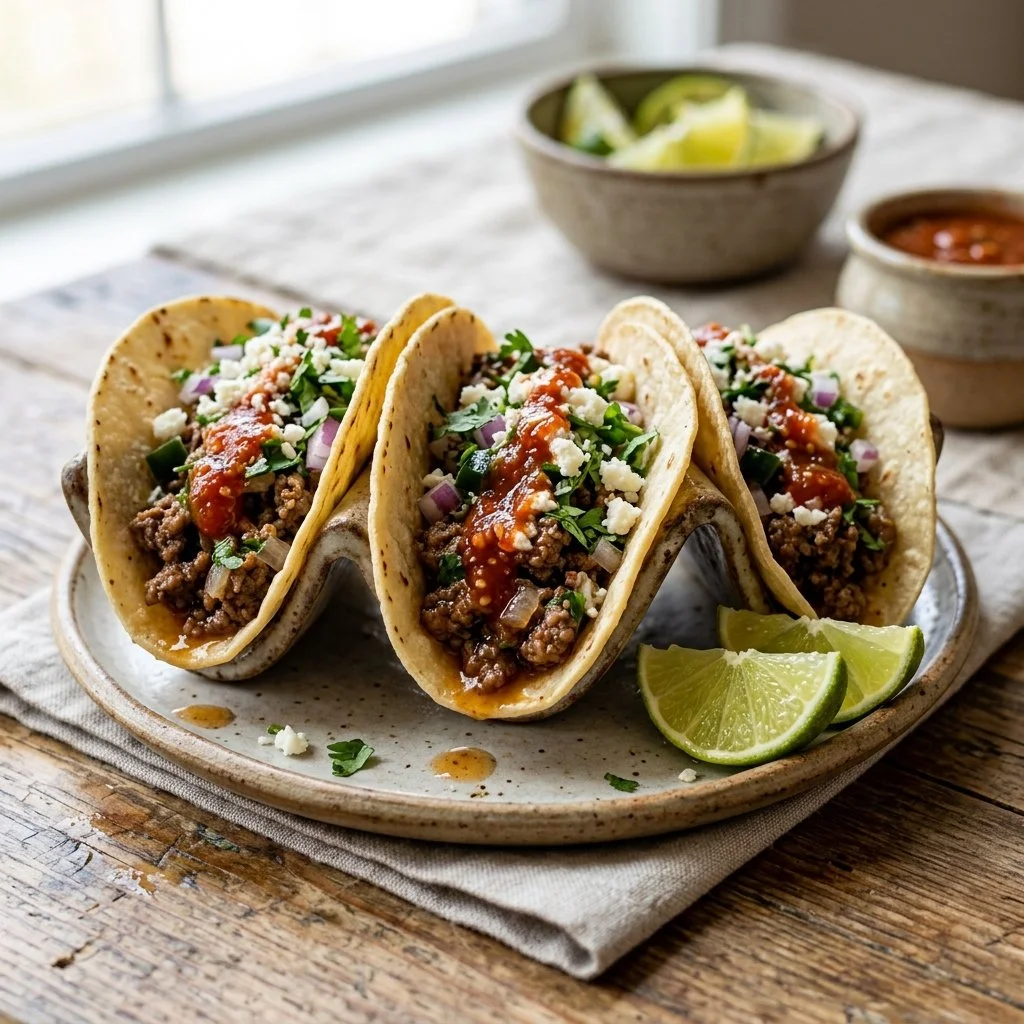 Plate of homemade ground beef tacos topped with fresh vegetables