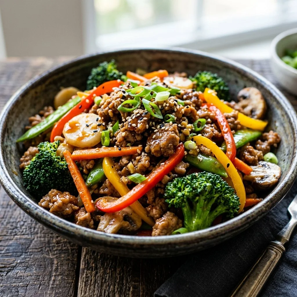 Vibrant ground turkey stir fry with colorful vegetables in a pan