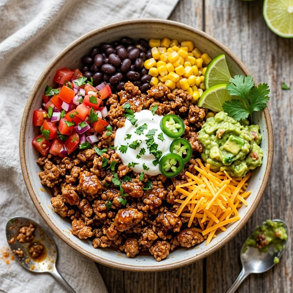 Healthy ground turkey taco bowls topped with fresh ingredients