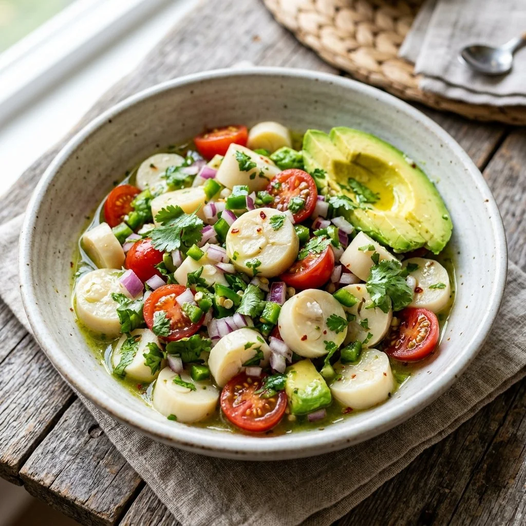 A vibrant bowl of Hearts of Palm Ceviche garnished with herbs and lime.