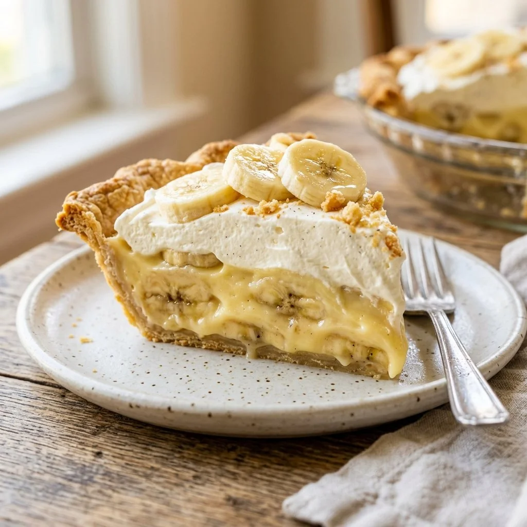 Delicious homemade banana cream pie served on a plate with fresh bananas.