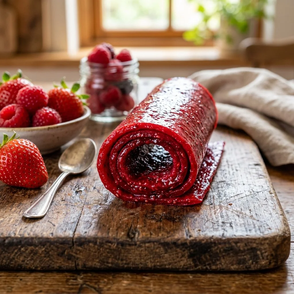 Homemade fruit leather made from fresh fruits on a wooden table.