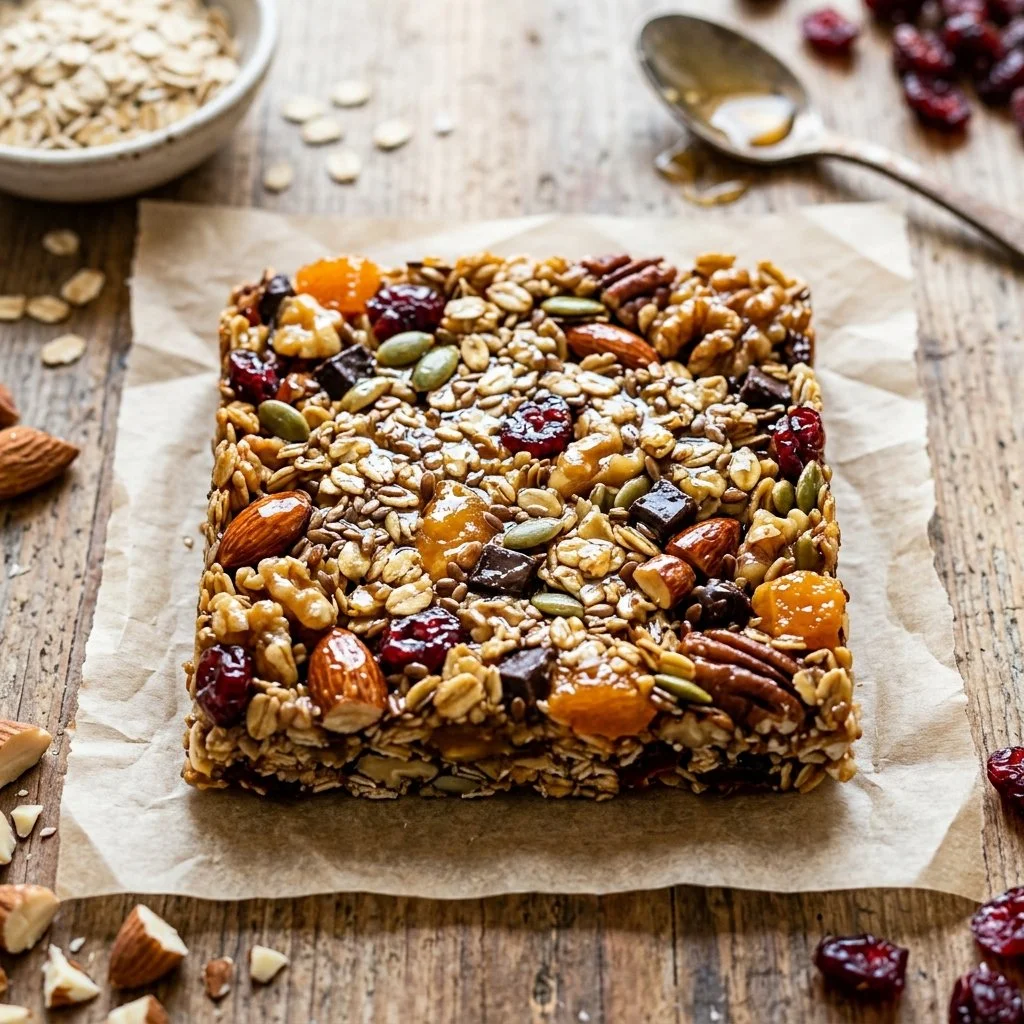 Homemade granola bars made with oats, nuts, and dried fruits for a healthy snack