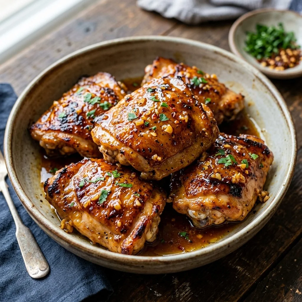 Honey garlic chicken thighs with a glossy glaze, served on a plate.