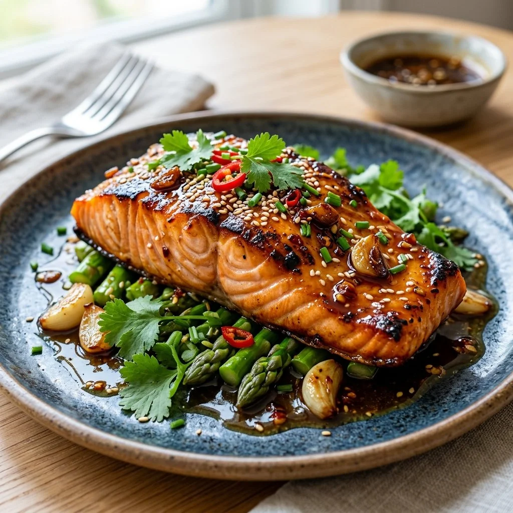 Plate of Honey Garlic Salmon garnished with herbs and served with vegetables