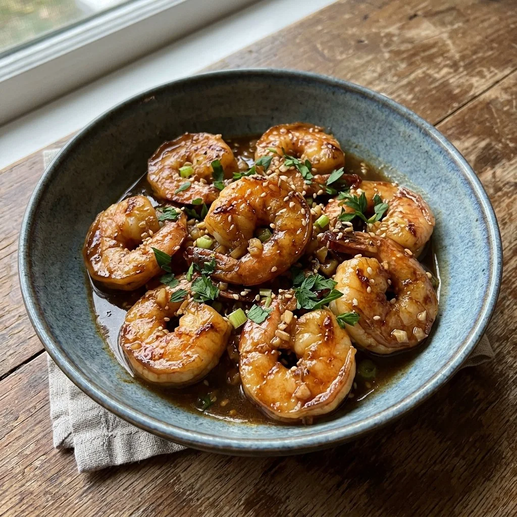 Plate of Honey Garlic Shrimp garnished with green onions and sesame seeds