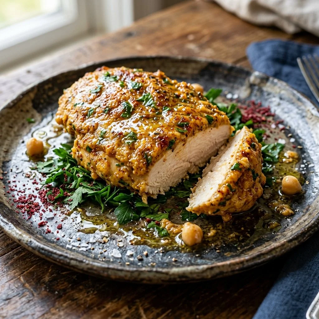 Hummus crusted chicken served with fresh vegetables on a plate