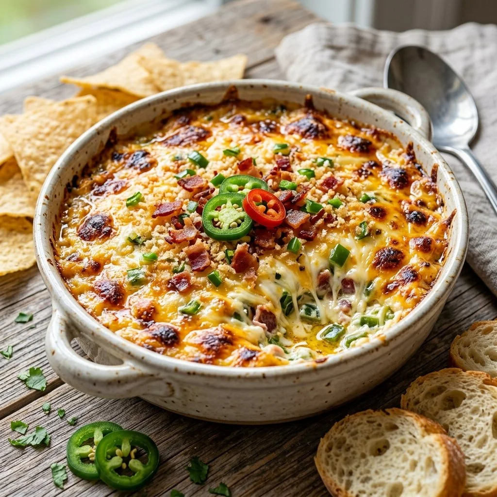 Delicious Jalapeño Popper Dip served with crackers and vegetables