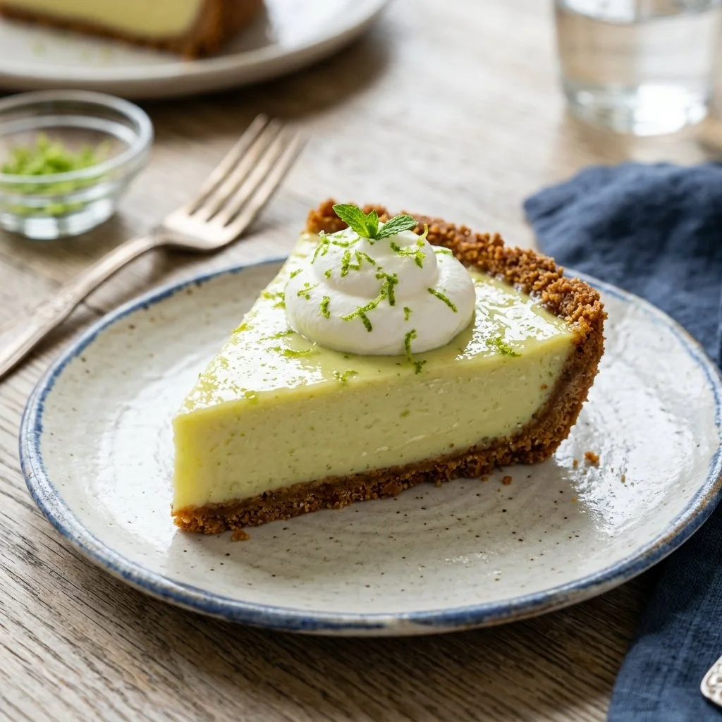 Delicious slice of homemade Key Lime Pie topped with whipped cream