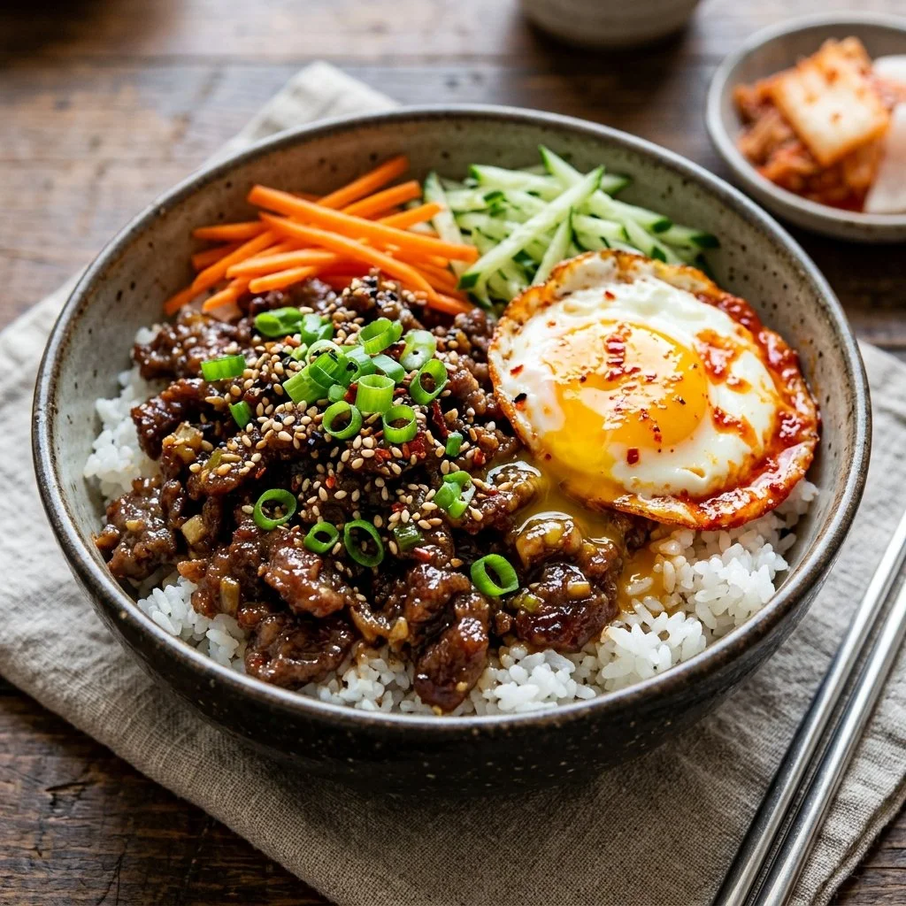 Delicious Korean Beef Bowl topped with fresh vegetables and served in a stylish bowl.