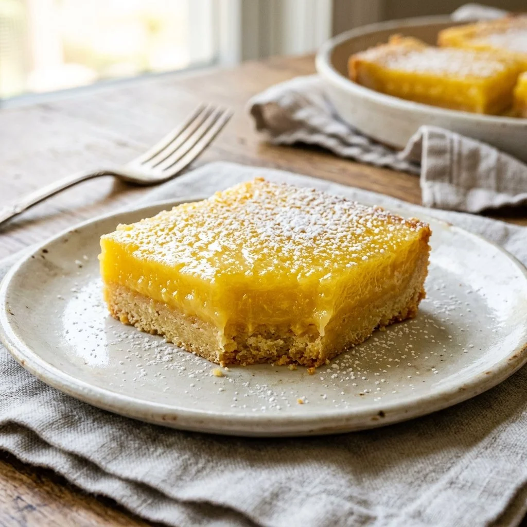 Freshly baked lemon bars on a plate with powdered sugar topping