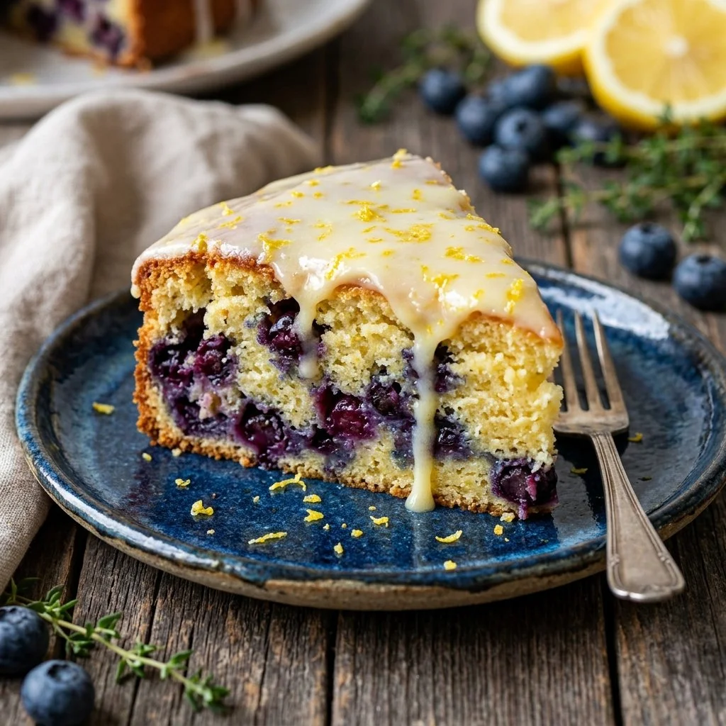Delicious Lemon Blueberry Cake topped with fresh blueberries and lemon zest
