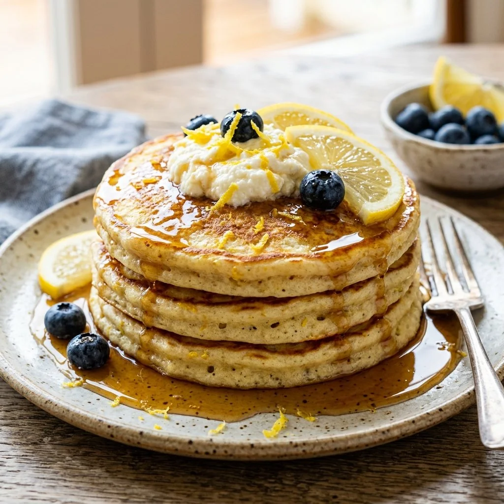 Stack of fluffy lemon ricotta pancakes topped with fresh berries and syrup