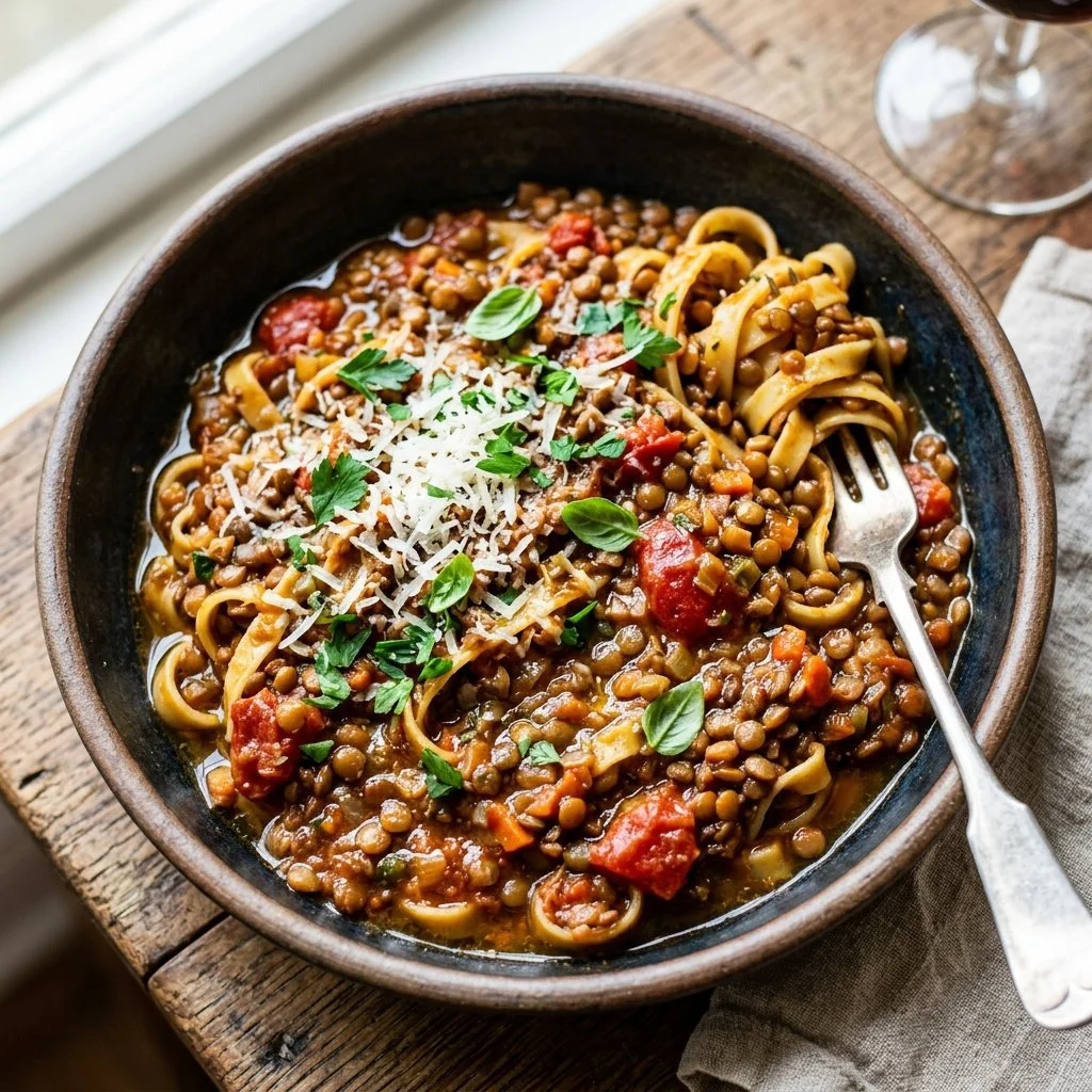 A hearty bowl of Lentil Bolognese served over pasta with fresh herbs on top.