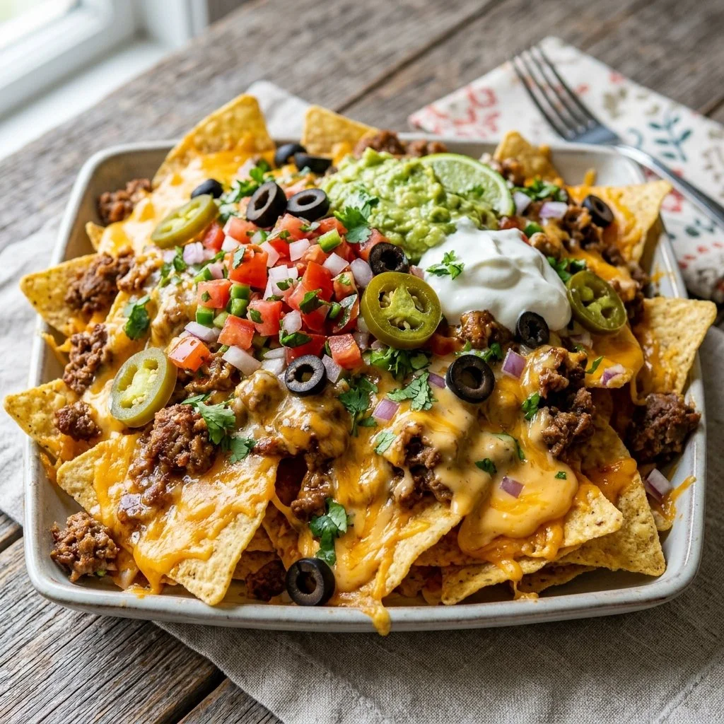 Delicious loaded nachos topped with cheese, jalapeños, and fresh toppings
