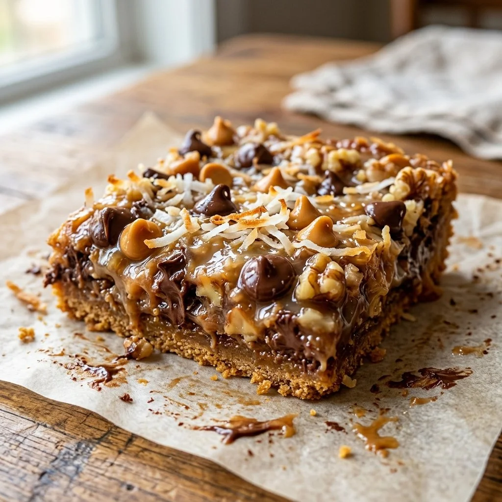 Delicious Magic Cookie Bars with chocolate, coconut, and nuts on a wooden table.