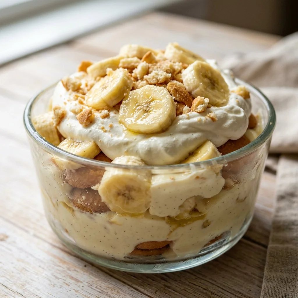 Delicious Magnolia Bakery banana pudding served in a clear dish with vanilla wafers.