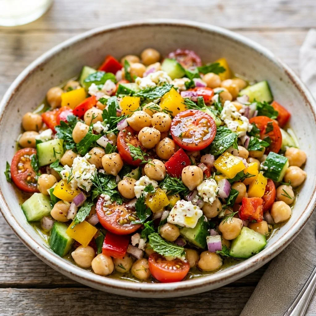 Mediterranean Chickpea Salad with colorful vegetables and dressing