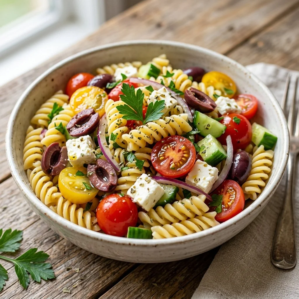 A vibrant Mediterranean Pasta Salad with fresh vegetables and herbs.