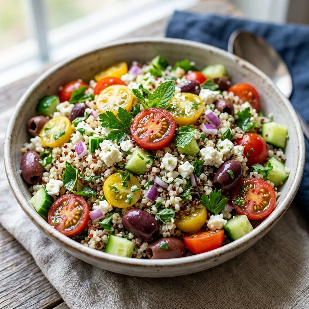 Mediterranean quinoa salad with fresh vegetables and herbs