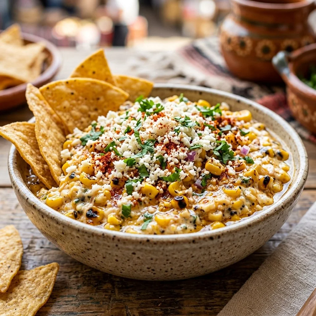 Creamy Mexican street corn dip served in a bowl with toppings