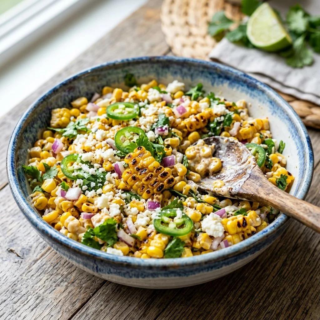 Delicious Mexican street corn salad topped with cheese and spices.
