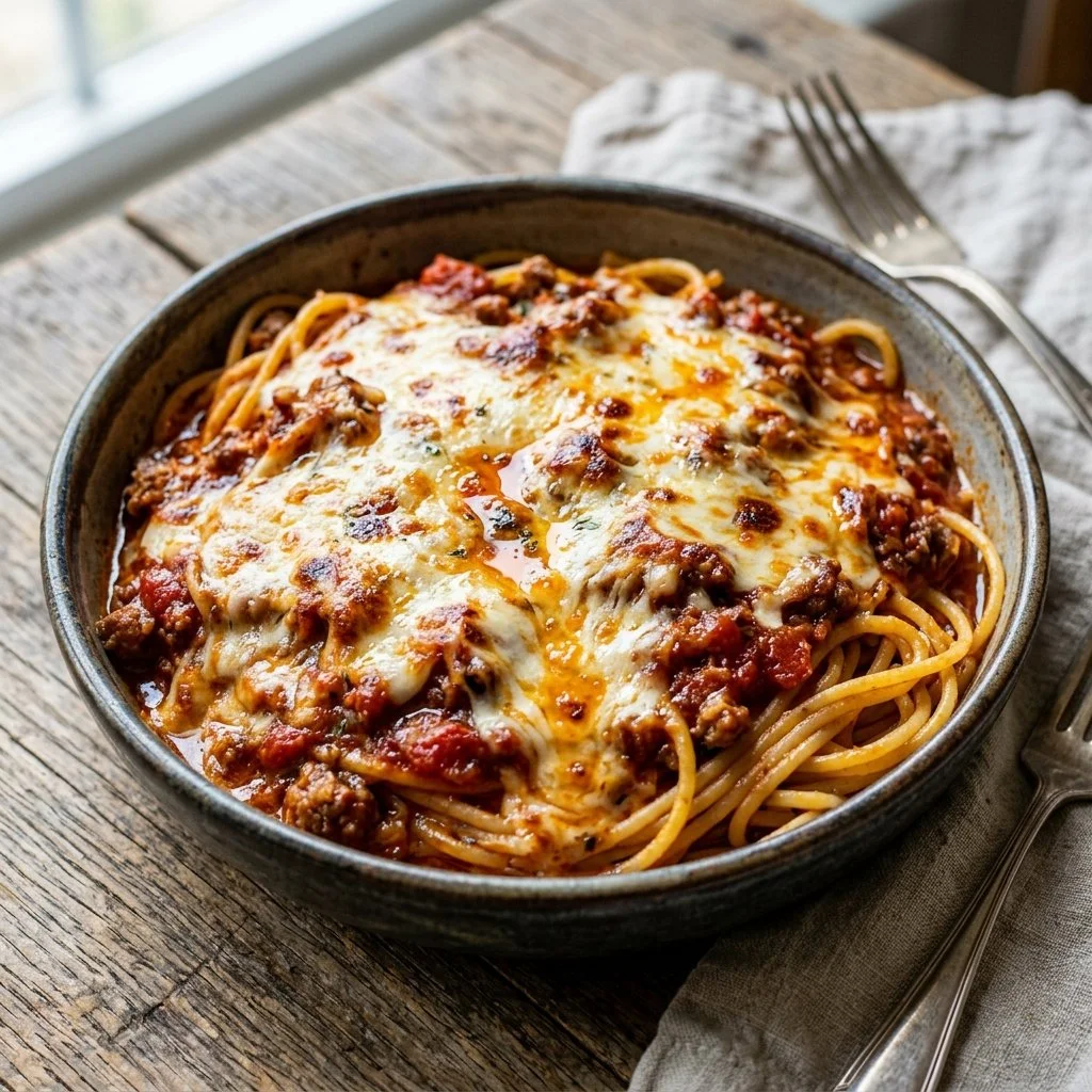 Delicious million dollar spaghetti with creamy sauce and melted cheese